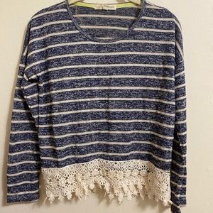 Striped Lace Bottom Long-Sleeve Top